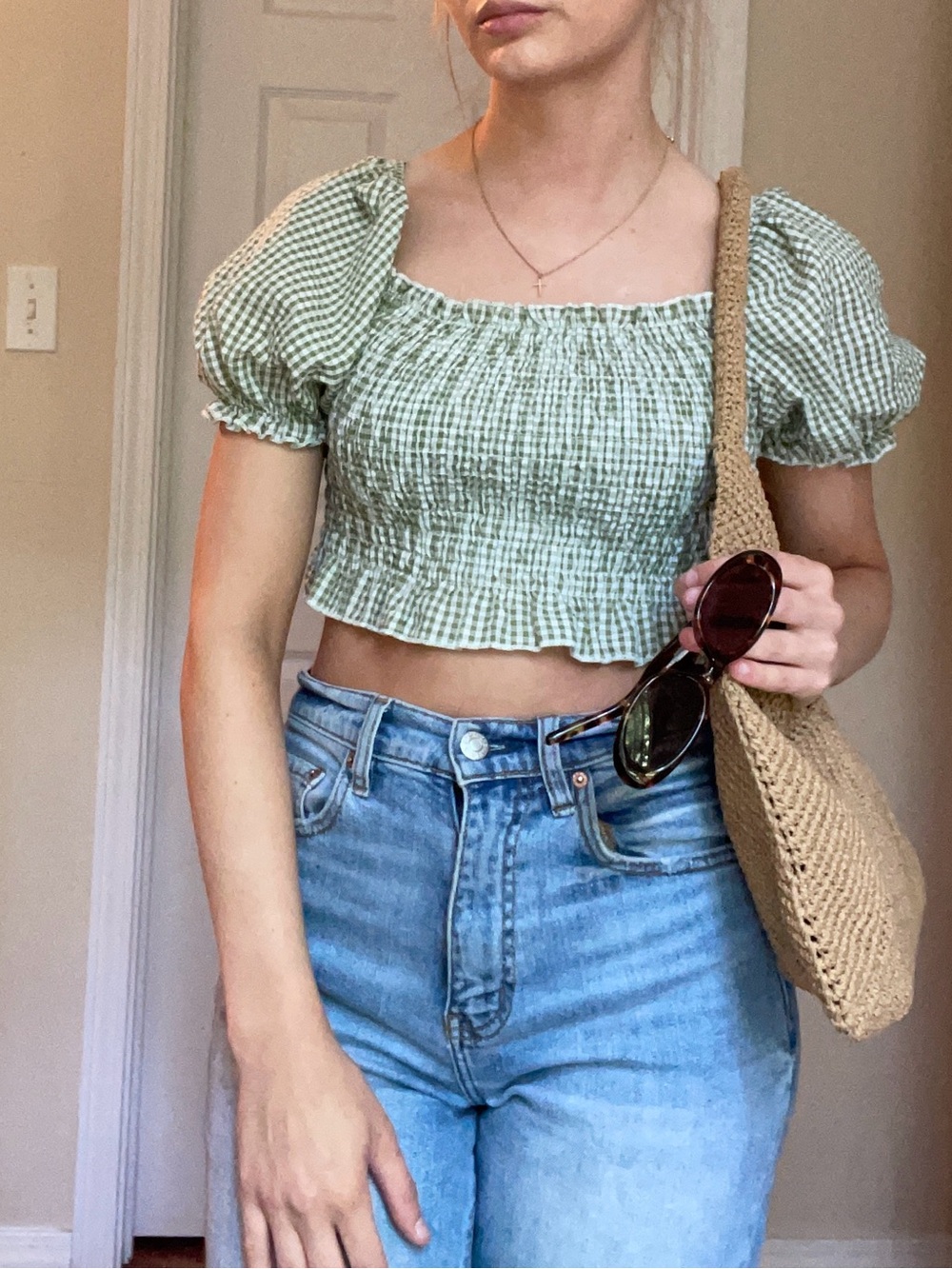 SHEIN Green Gingham Smocked Puff Sleeve Crop Top